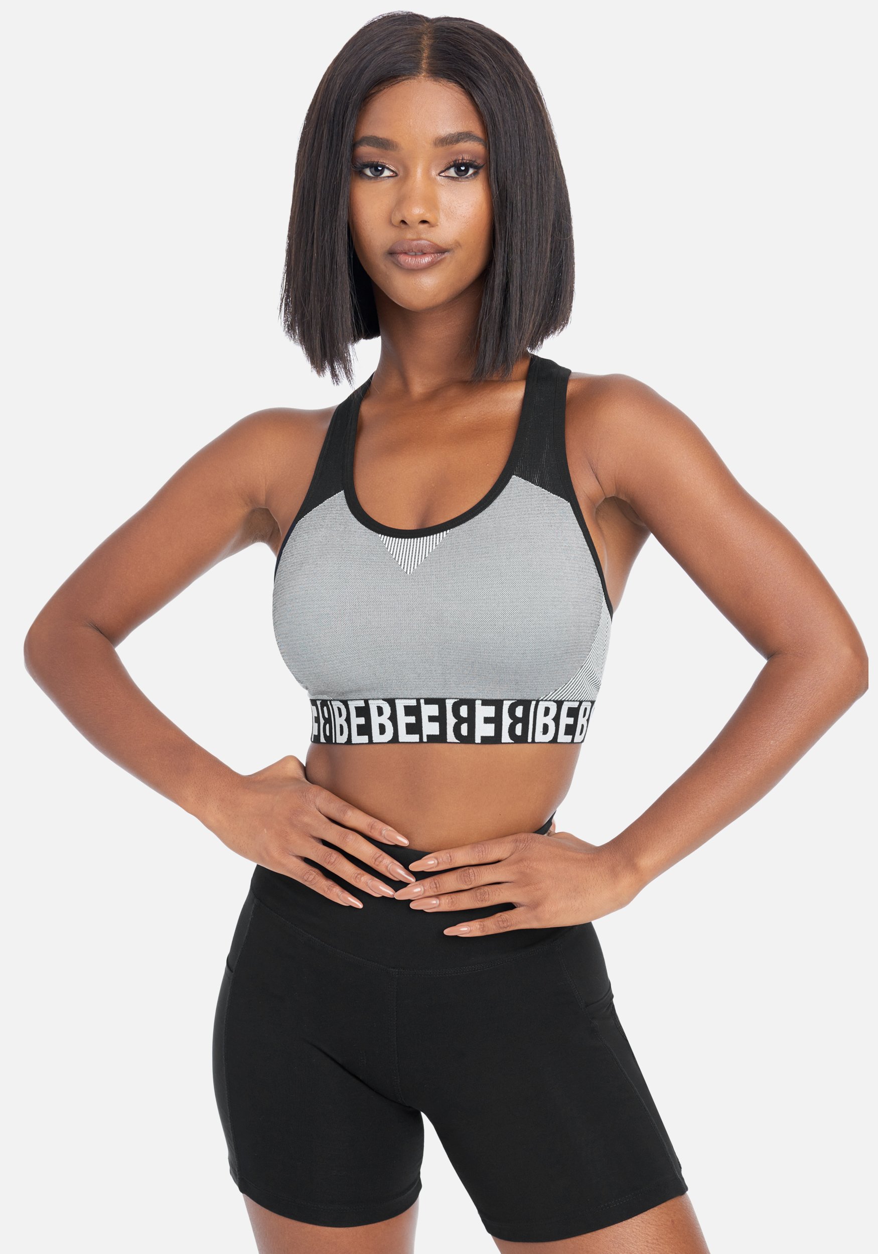 Women's Bebe Sport Logo Seamless Bra, Size Small in Black Spandex/Nylon