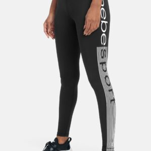 Women's Bebe Sport Logo Legging, Size Large in Black with White Foil Metal/Spandex