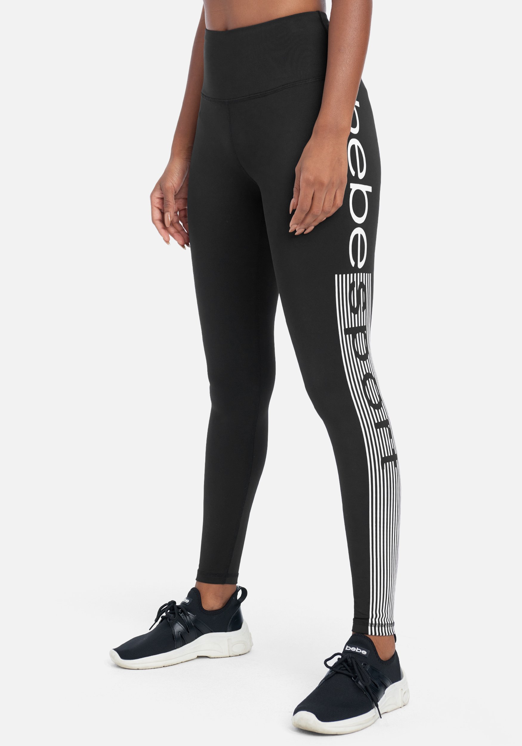 Women's Bebe Sport Logo Legging, Size Small in Black with White Foil Metal/Spandex