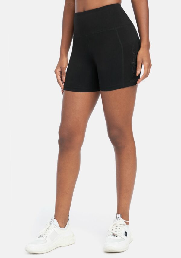 Women's Bebe Sport Applique Mesh Pocket 5" Short, Size XL in Black Cotton/Spandex