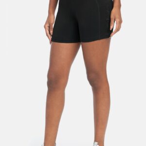 Women's Bebe Sport Applique Mesh Pocket 5" Short, Size Large in Black Cotton/Spandex