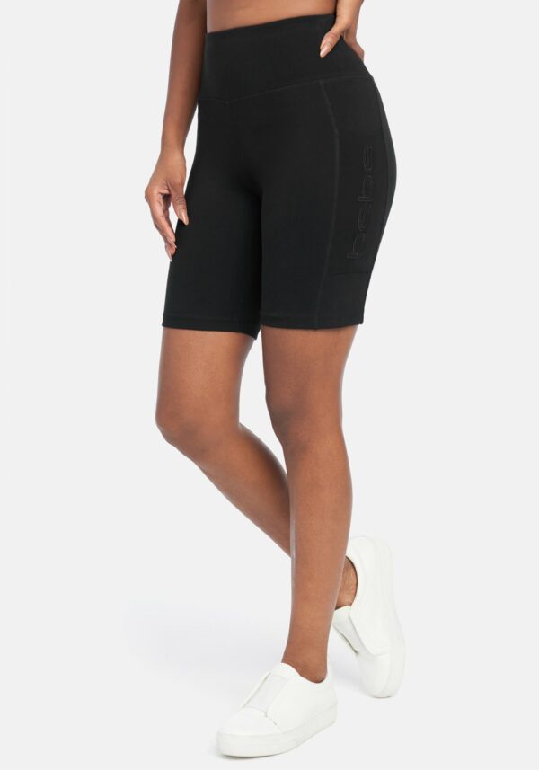 Women's Bebe Sport Applique Mesh Pocket 9" Short, Size Small in Black Cotton/Spandex