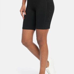 Women's Bebe Sport Applique Mesh Pocket 9" Short, Size Medium in Black Cotton/Spandex