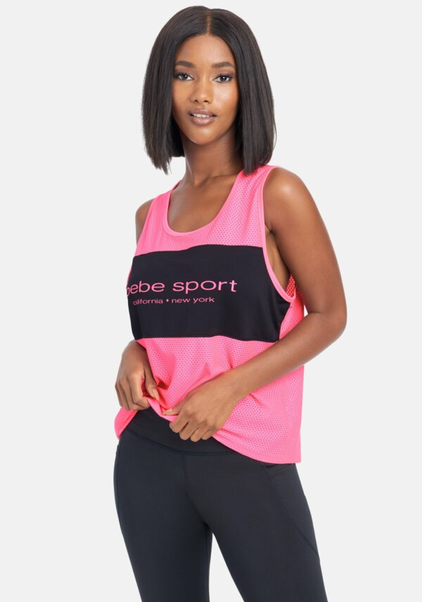 Women's Bebe Sport Tie Dye Panel Mesh Tank Top, Size Medium in Hot Pink Spandex