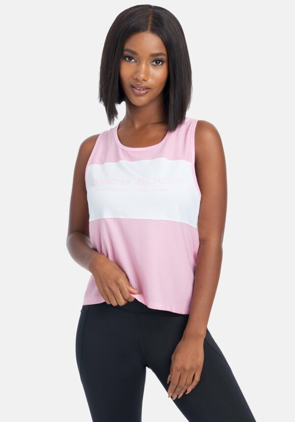 Women's Bebe Sport Tie Dye Panel Mesh Tank Top, Size Large in Pink Lilac Spandex