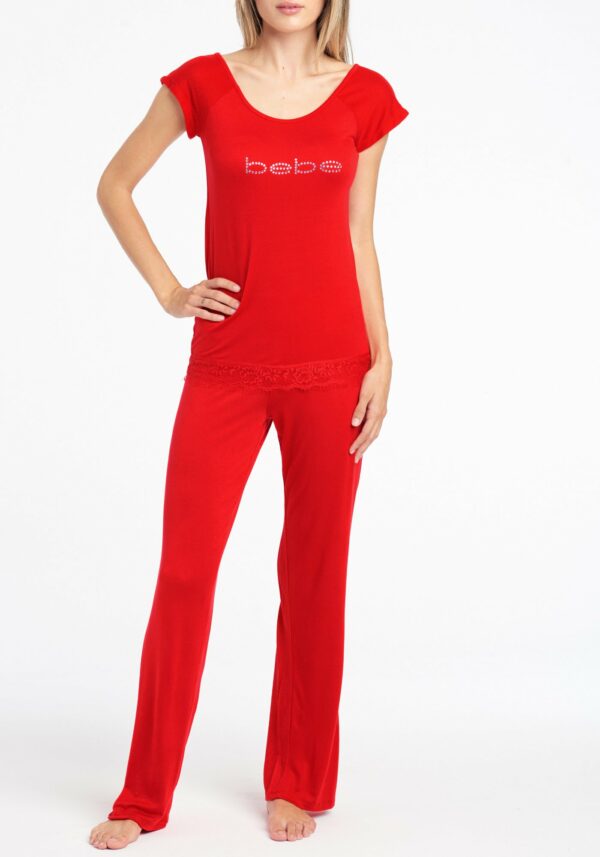 Women's Bebe Lace Trim Pant Set, Size Small in Red Spandex