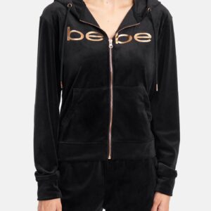 Women's Bebe Logo Velour Hoodie Jacket, Size XL in Black Metal/Spandex