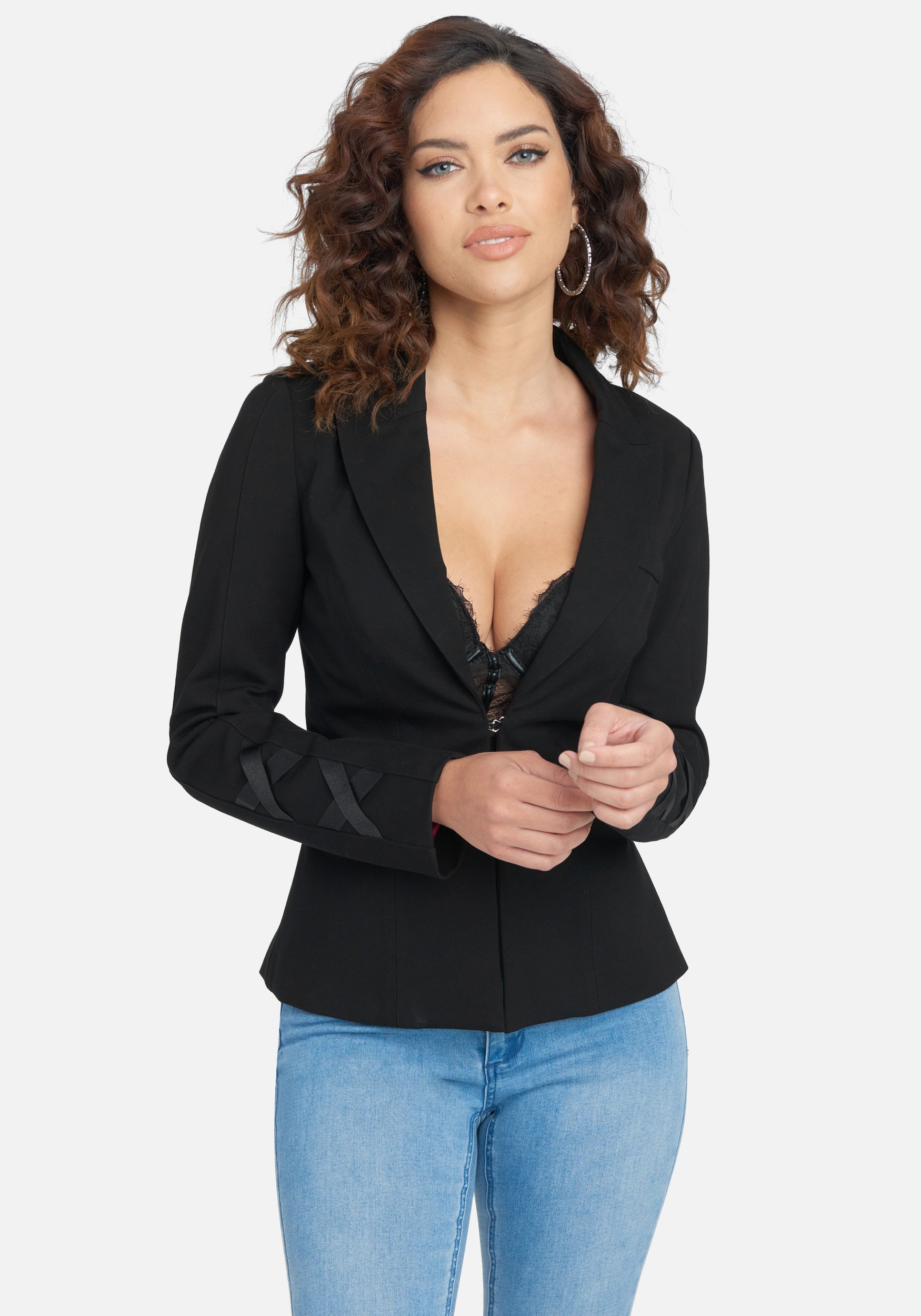 Bebe Women's Cinched Back Peplum Detail Blazer Jacket, Size Medium in Black Spandex/Nylon