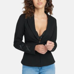 Bebe Women's Cinched Back Peplum Detail Blazer Jacket, Size XS in Black Spandex/Nylon