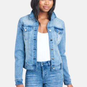 Bebe Women's Stud and Rhinestone Jean Jacket, Size Large in Med Blue Wash Cotton/Spandex