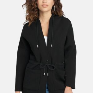 Bebe Women's Cinched Waist Hooded Jacket, Size XL in Black Cotton/Spandex/Nylon