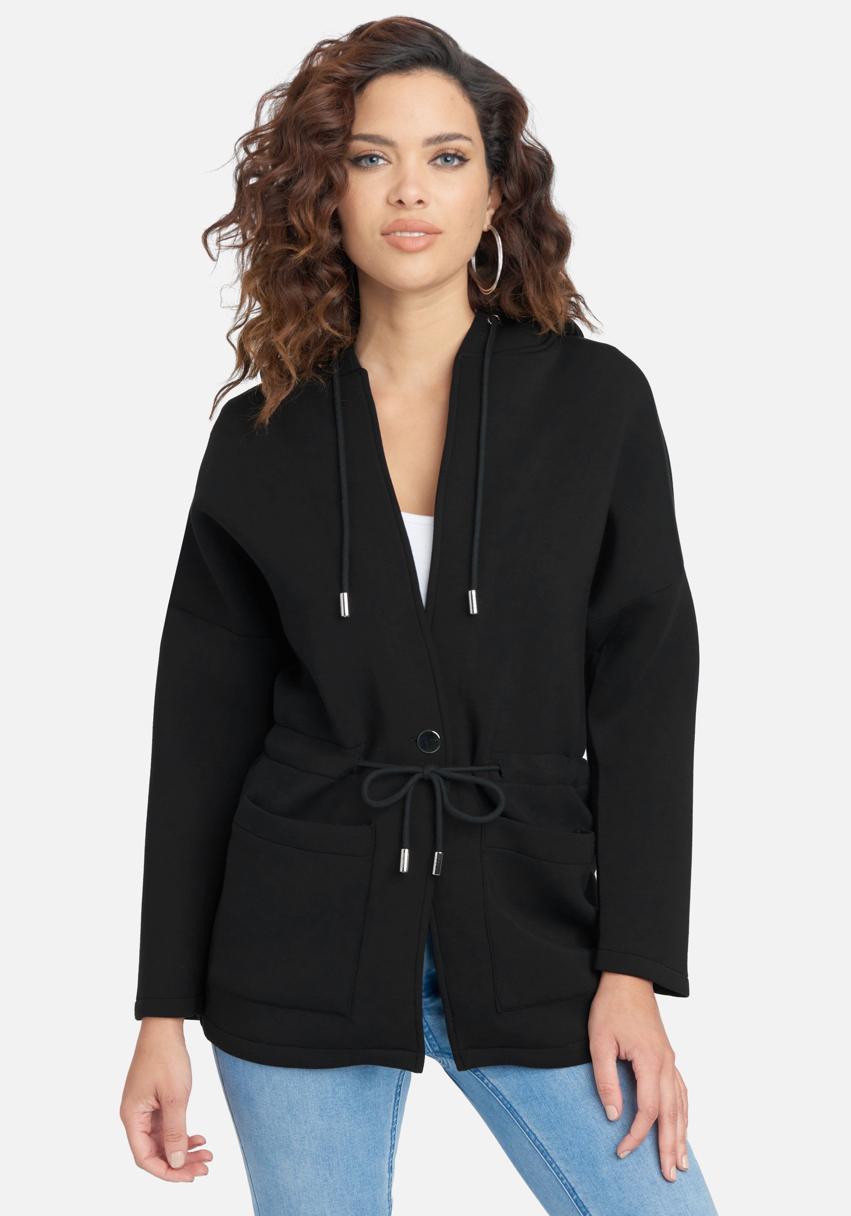 Bebe Women's Cinched Waist Hooded Jacket, Size Medium in Black Cotton/Spandex/Nylon