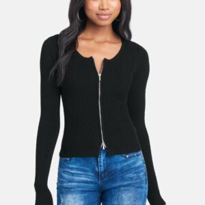 Bebe Women's Sweater Knit Zip Up Cardigan, Size Large in Black Viscose/Nylon