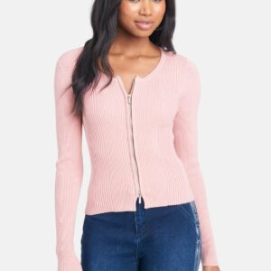 Bebe Women's Sweater Knit Zip Up Cardigan, Size Small in Pale Mauve Viscose/Nylon