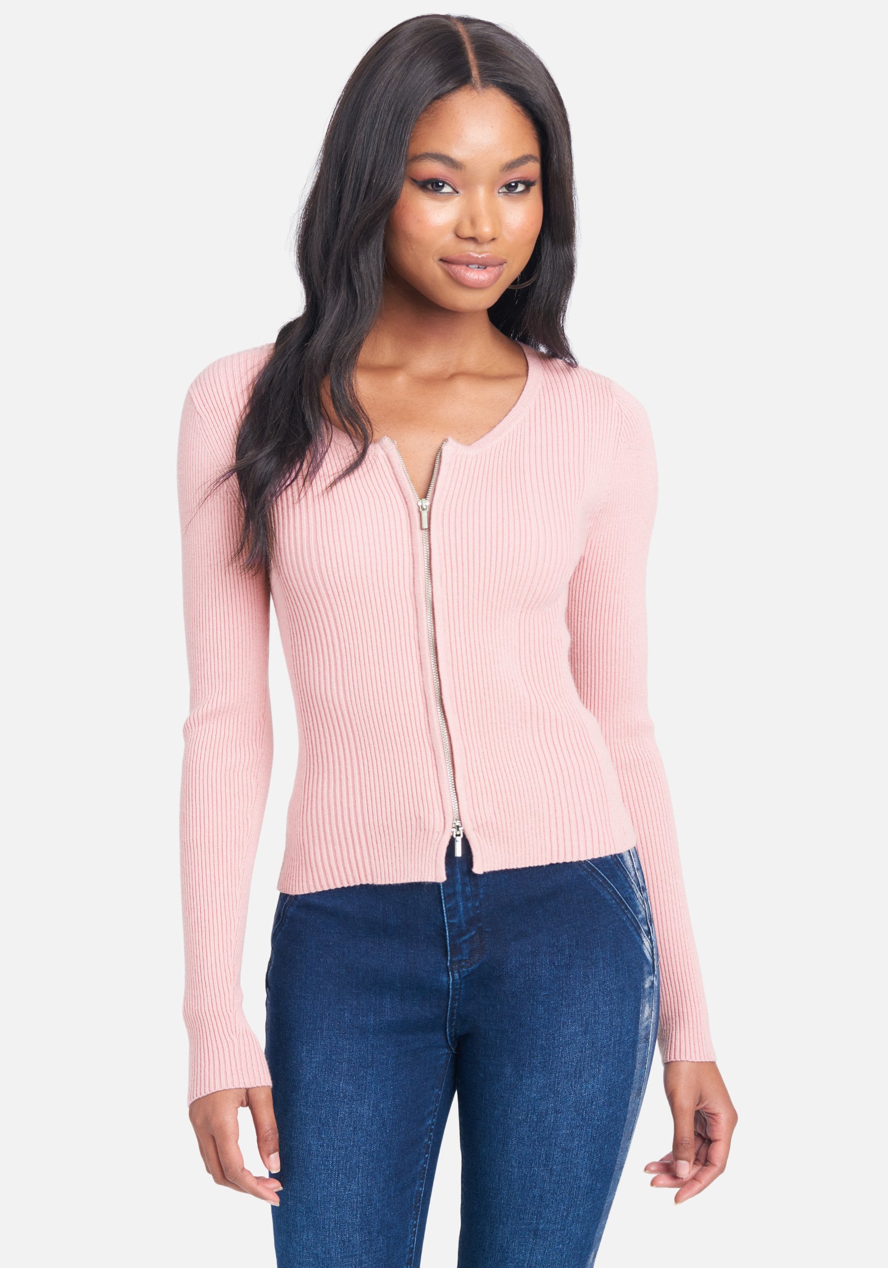 Bebe Women's Sweater Knit Zip Up Cardigan, Size XL in Pale Mauve Viscose/Nylon