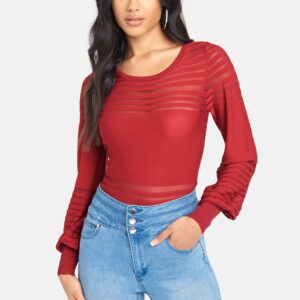 Bebe Women's Puff Sleeve Stripe Sweater Top, Size Large in Beet Red Viscose/Nylon