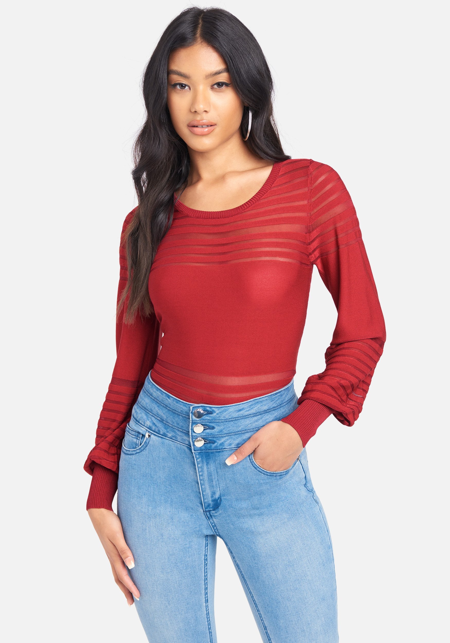 Bebe Women's Puff Sleeve Stripe Sweater Top, Size XS in Beet Red Viscose/Nylon