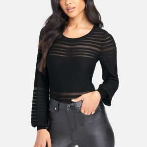 Bebe Women's Puff Sleeve Stripe Sweater Top, Size Large in Black Viscose/Nylon