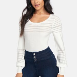 Bebe Women's Puff Sleeve Stripe Sweater Top, Size Large in Snow White Viscose/Nylon