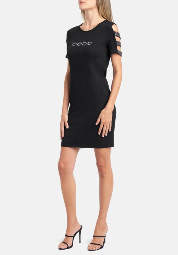 Women's Bebe Logo Cold Shoulder Cutout Dress, Size Large in Black Spandex