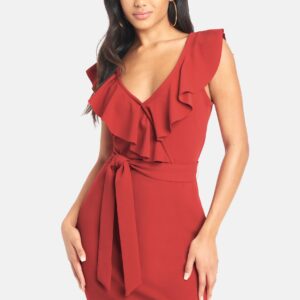 Bebe Women's Ruffle Neck Crepe Midi Dress, Size Small in Red Polyester