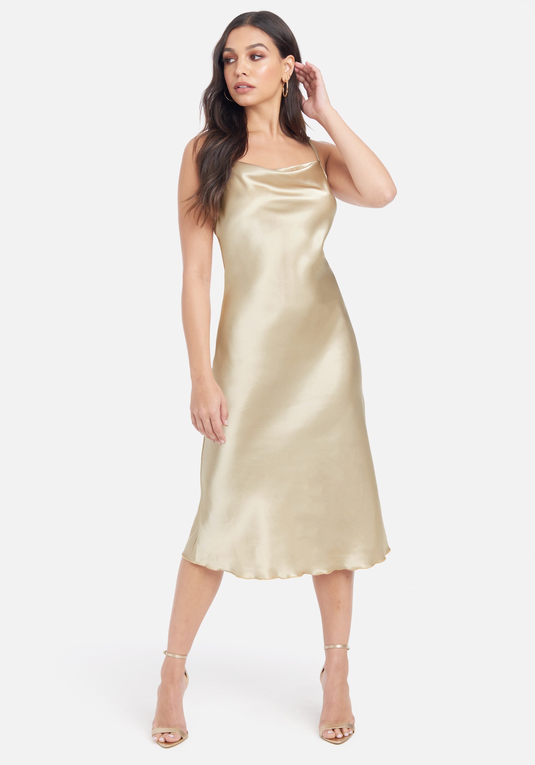 Bebe Women's Satin Cowl Neck Slip Midi Dress, Size XL in Champagne Polyester