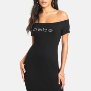 Bebe Women's Logo Off Shoulder Asymmetrical Dress, Size XL in Black Polyester