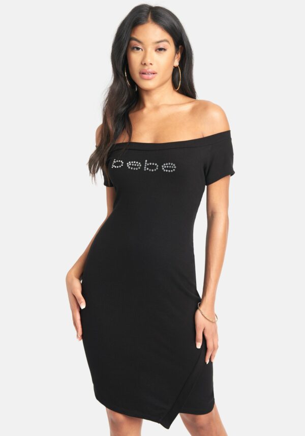 Bebe Women's Logo Off Shoulder Asymmetrical Dress, Size XL in Black Polyester