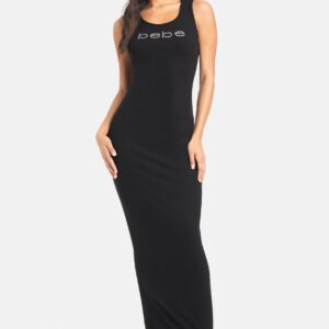 Women's Bebe Logo Rib Knit Maxi Dress, Size Large in Black Polyester