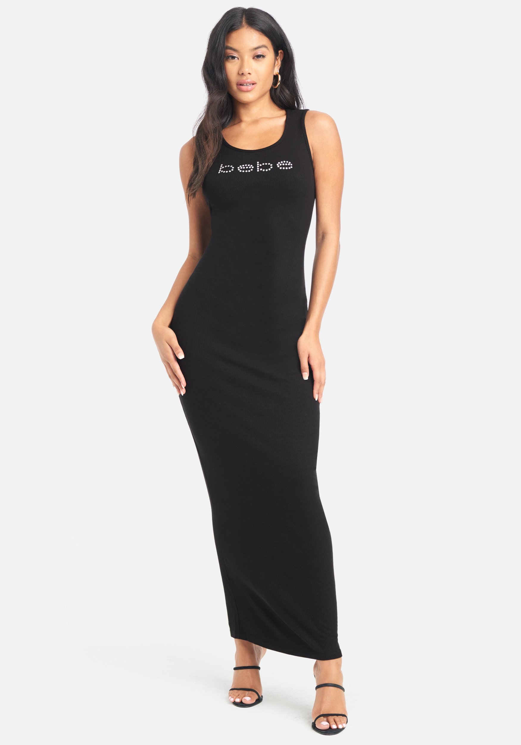 Women's Bebe Logo Rib Knit Maxi Dress, Size XL in Black Polyester