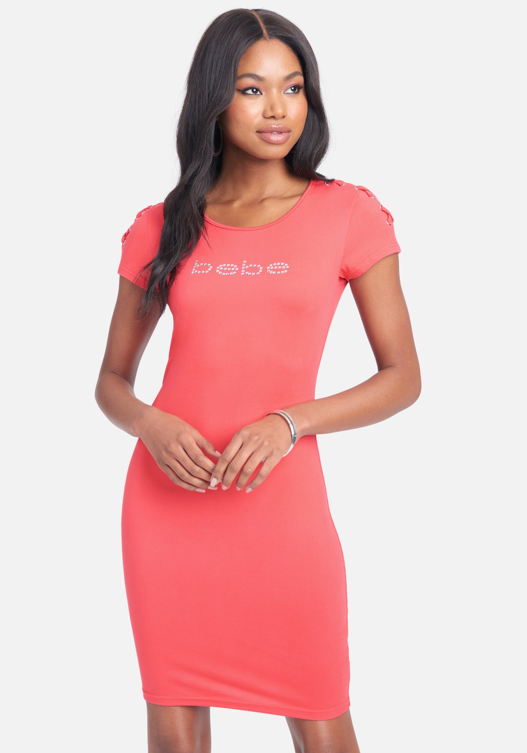 Women's Bebe Logo Cross Shoulder Dress, Size Medium in Paradise Spandex