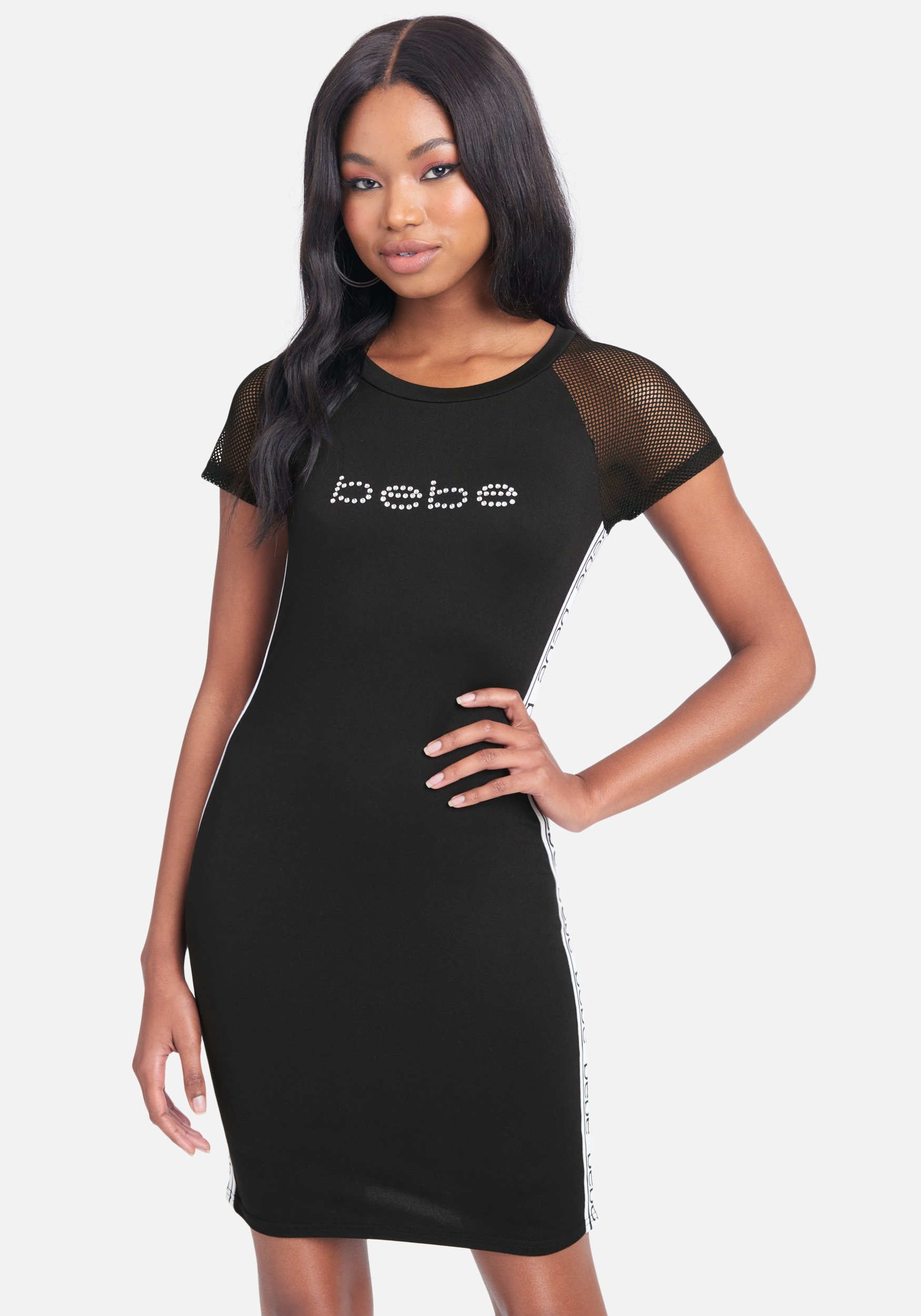 Women's Bebe Logo Side Taping Dress, Size XL in Black Spandex