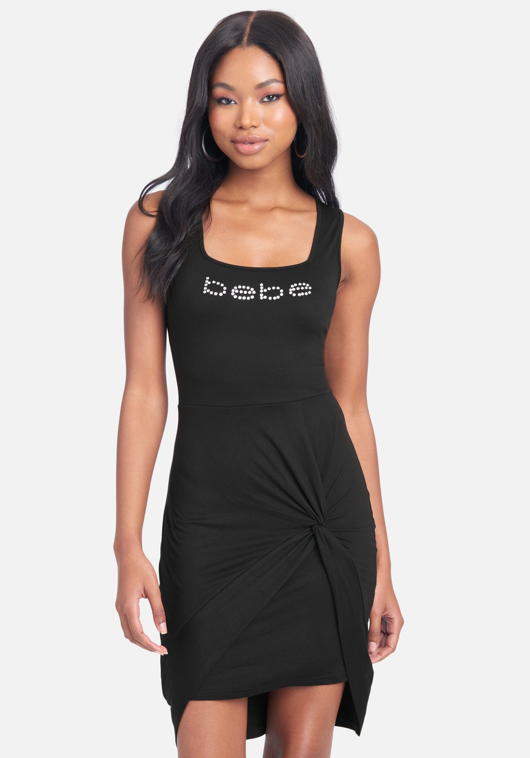 Women's Bebe Logo Knot Front Dress, Size Large in Black Spandex