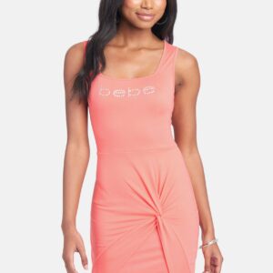 Women's Bebe Logo Knot Front Dress, Size Medium in Coral Spandex