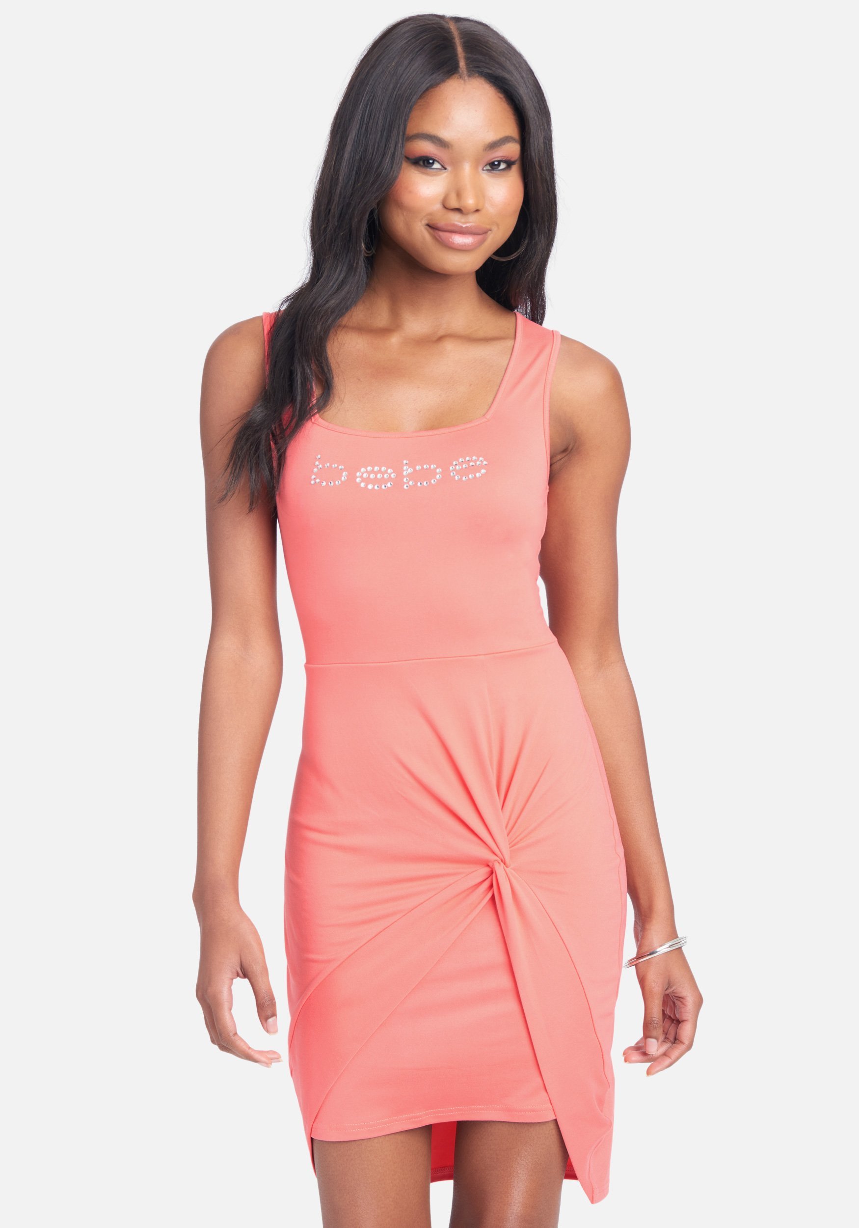Women's Bebe Logo Knot Front Dress, Size Large in Coral Spandex