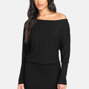 Bebe Women's Off Shoulder Rib Dress, Size XL in Black Viscose