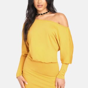 Bebe Women's Off Shoulder Slinky Dress, Size XXS in Spicy Mustard