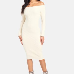 Bebe Women's Off Shoulder Sweater Dress, Size Small in Oatmeal Spandex/Nylon
