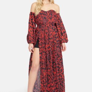Bebe Women's Off the Shoulder Front Slit Maxi Dress, Size XXS in Scarlet Leopard Polyester/Spandex