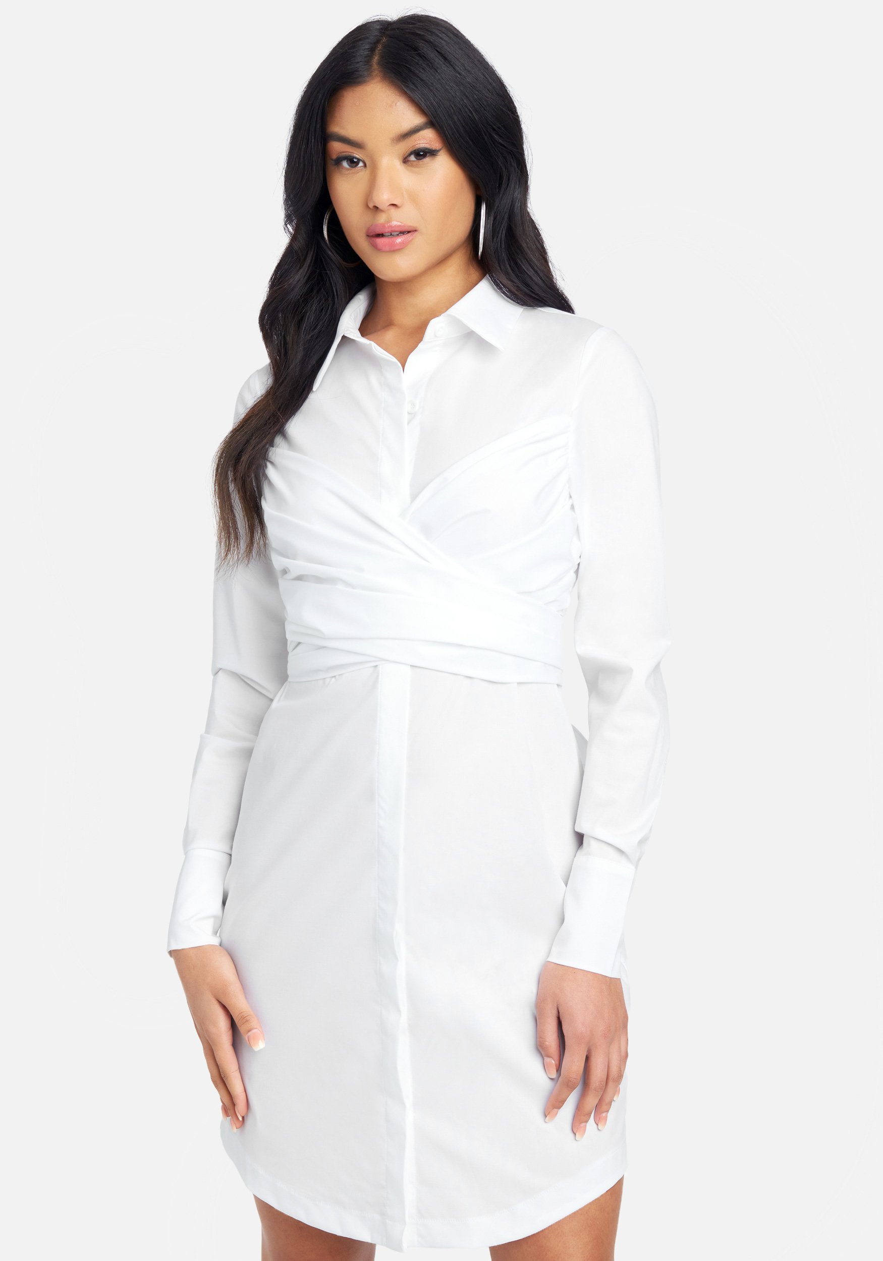 Bebe Women's Stretch Poplin Shirt Dress, Size 8 in Snow White Cotton/Spandex