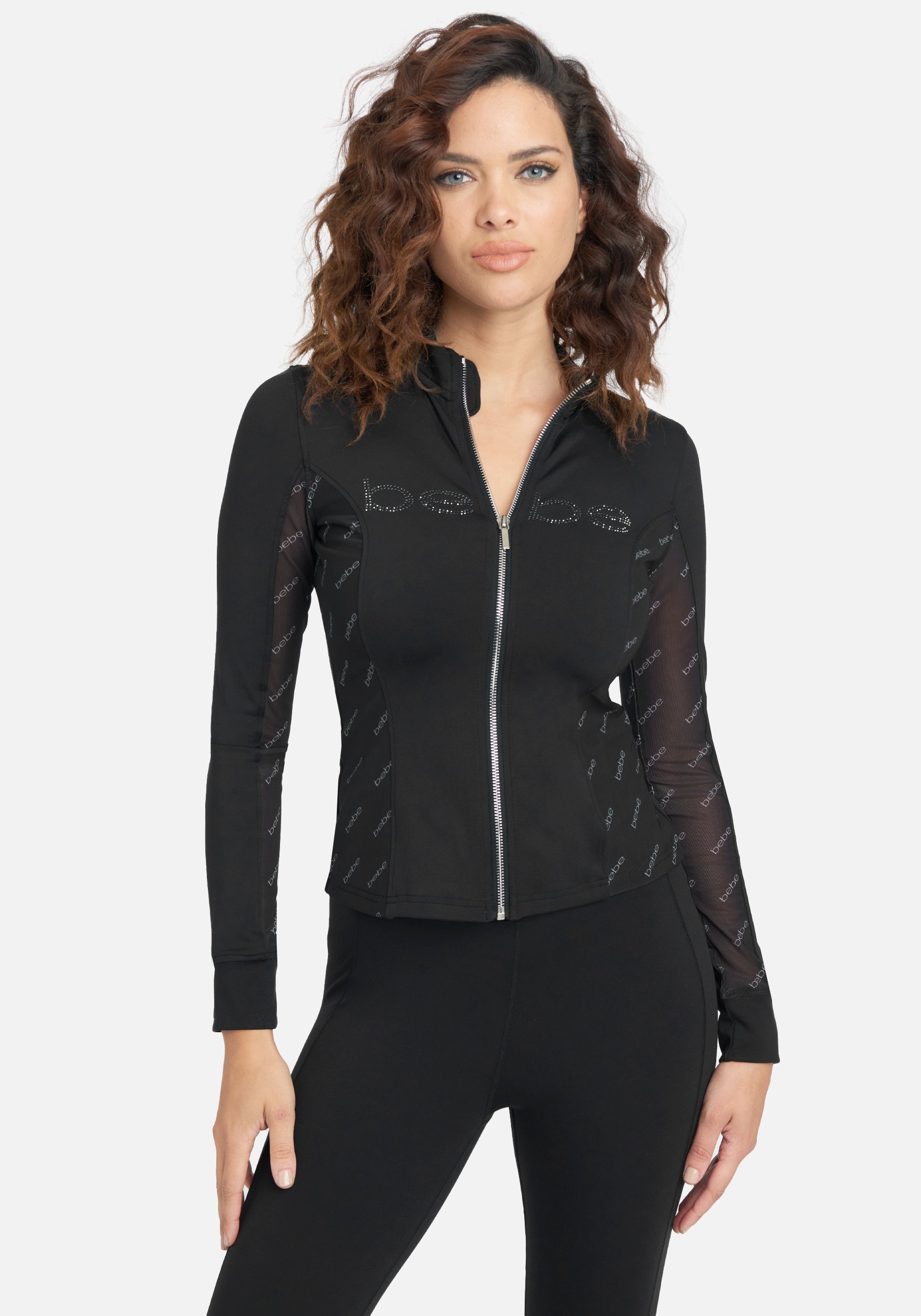 Women's Bebe Logo Sport Zip Jacket, Size Large in Black Spandex/Nylon