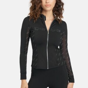 Women's Bebe Logo Sport Zip Jacket, Size Small in Black Spandex/Nylon