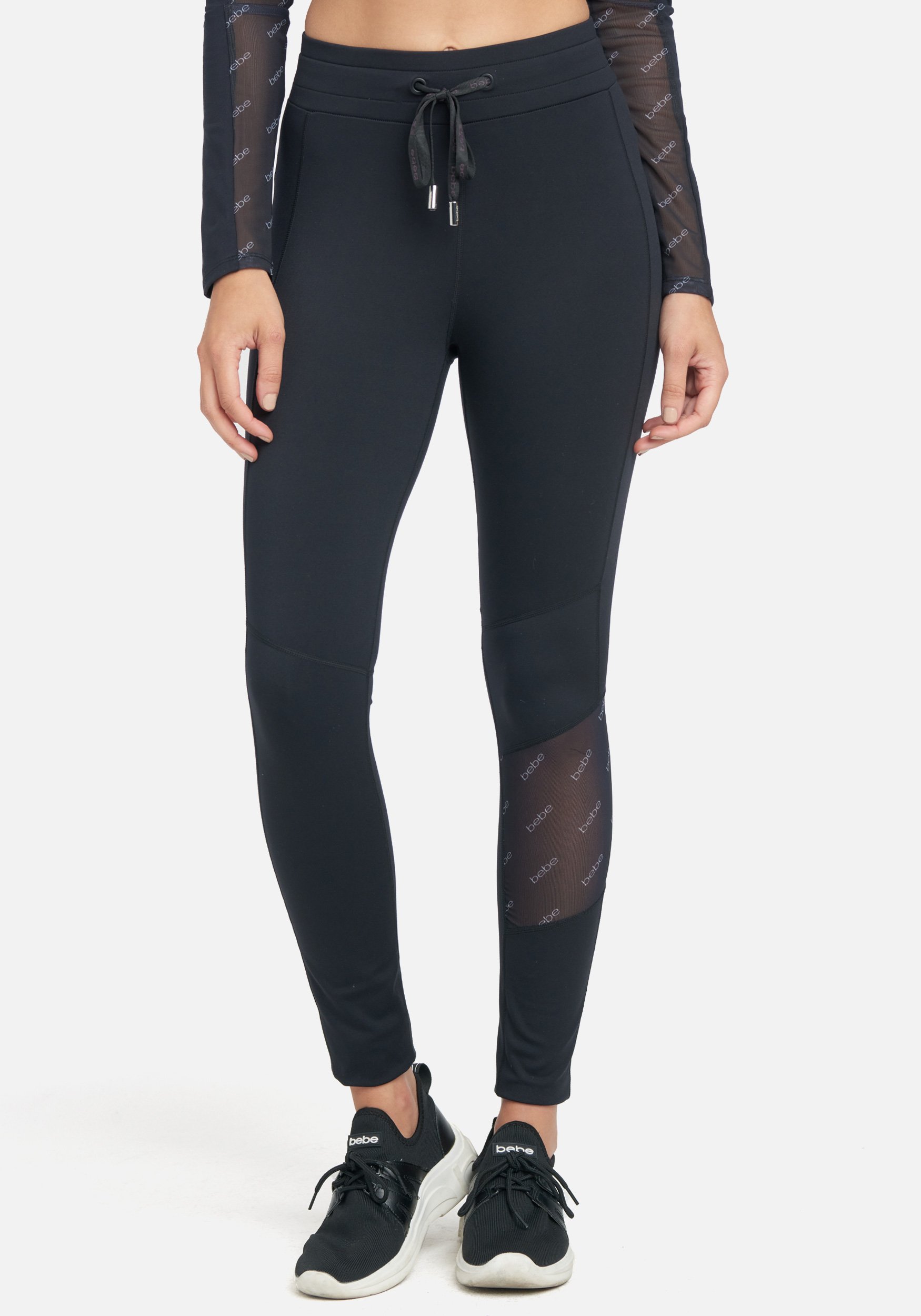Women's Bebe Logo High Waist Knit With Mesh Legging, Size Medium in Black Spandex/Nylon