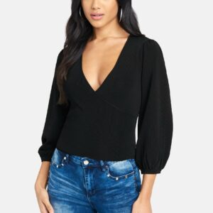 Bebe Women's Surplice Wrap Around Sweater Top, Size Small in Black Nylon