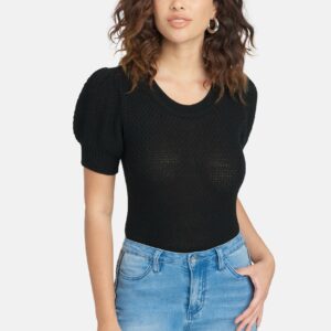 Bebe Women's Puff Sleeve Scoop Neck Sweater Top, Size Medium in Black Cotton