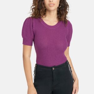 Bebe Women's Puff Sleeve Scoop Neck Sweater Top, Size XL in Hollyhock Mauve Cotton