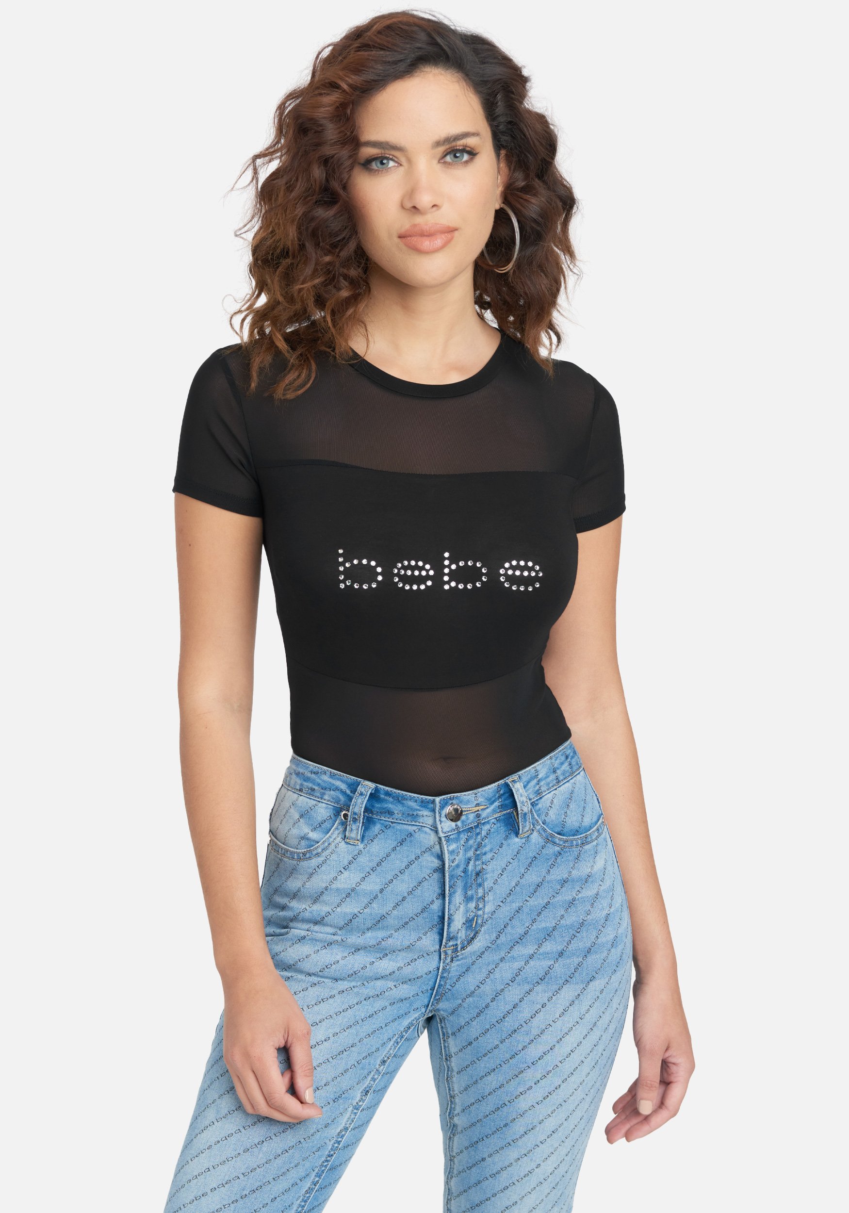 Women's Bebe Swarovski Logo Mesh Tee Shirt, Size XS in Black Spandex/Nylon