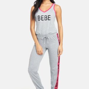 Women's Bebe Logo Contrast Pant Set, Size Medium in Heather Grey Spandex