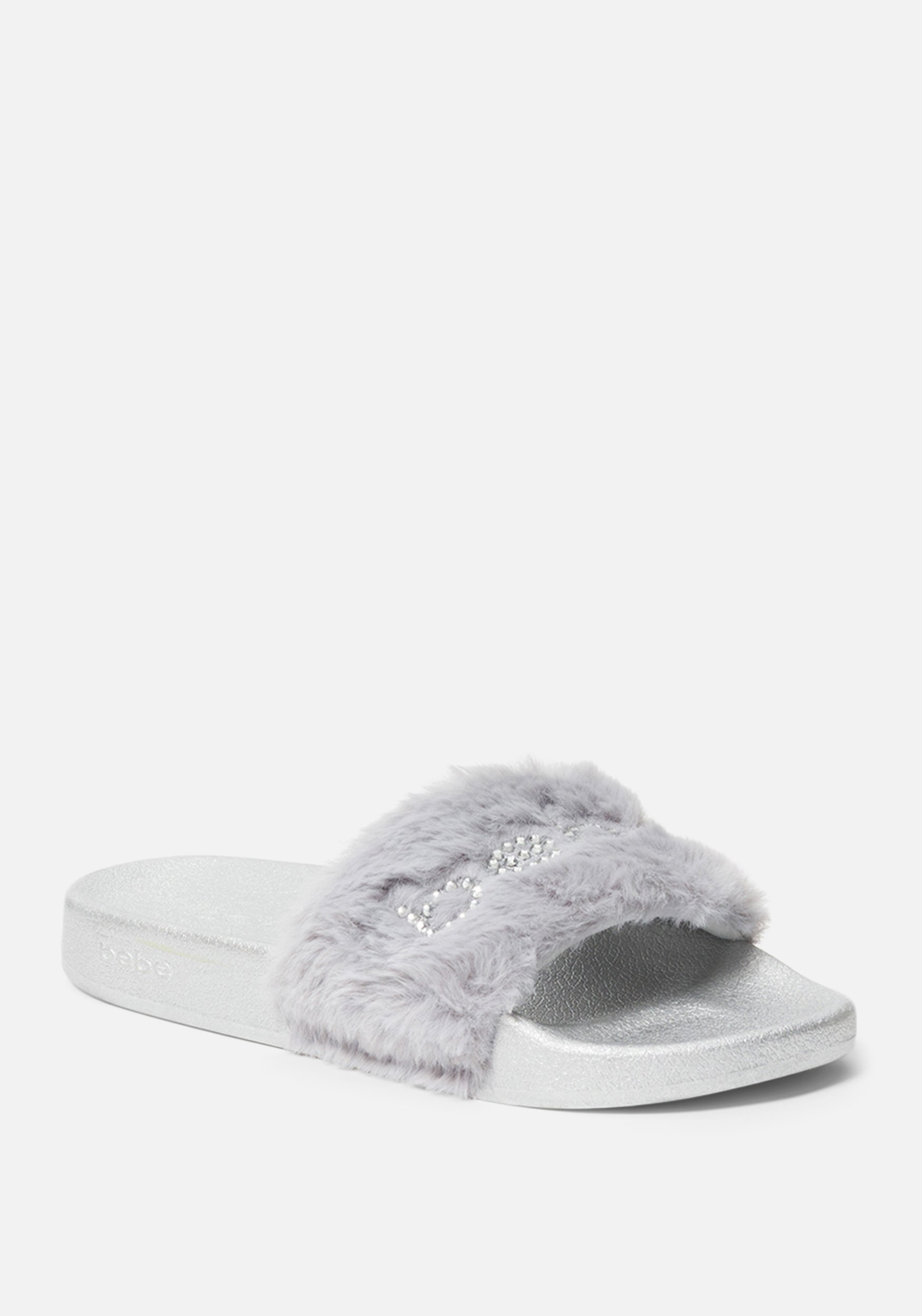 Bebe Women's Furiosa Faux Fur Slides Shoe, Size 8 in SILVER Synthetic