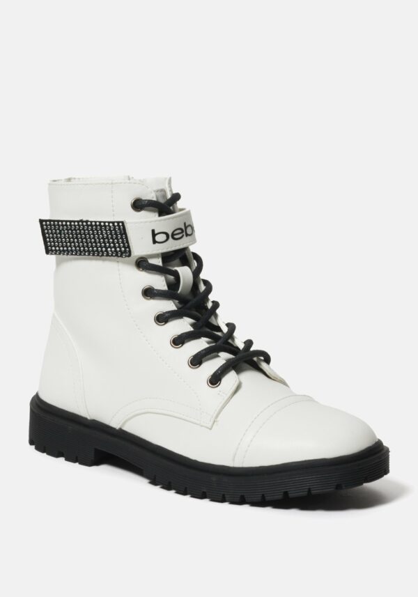 Bebe Women's Dayani Combat Boots, Size 6.5 in WHITE FAUX Synthetic